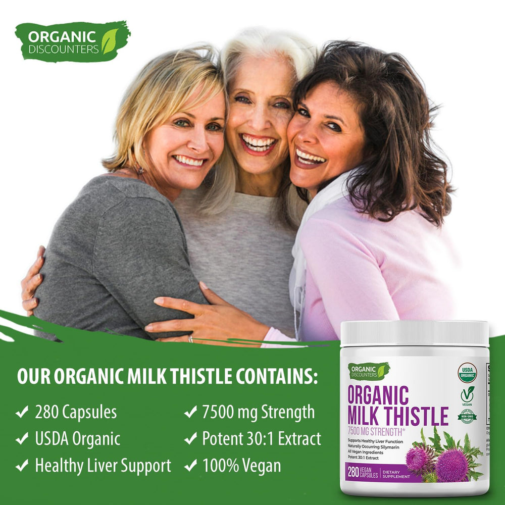 Closeup of Organic Discounters Milk Thistle label highlighting USDA Organic and vegan status