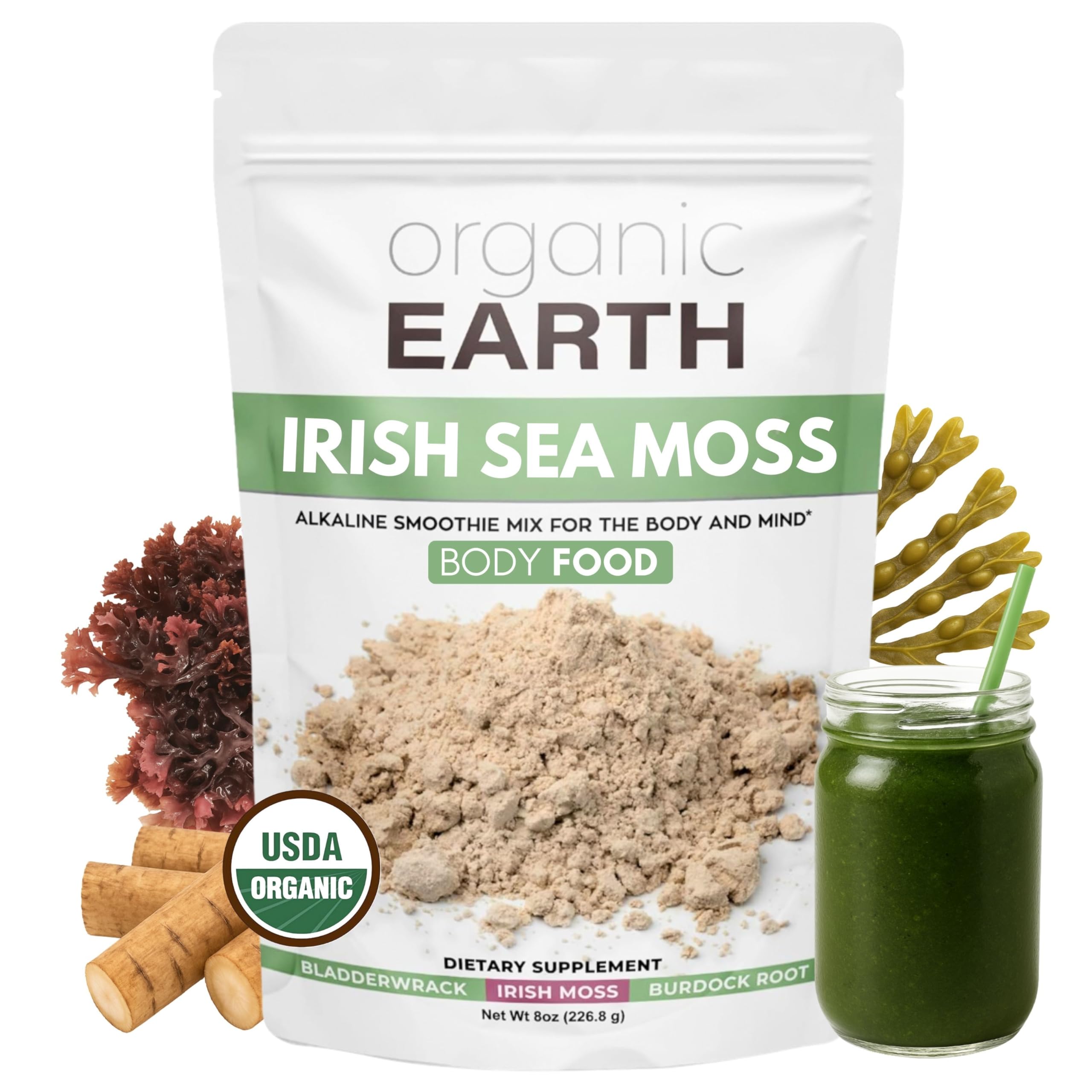 Organic Earth Irish Sea Moss Powder bottle for convenient daily use in smoothies.