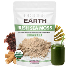 Organic Earth Irish Sea Moss Powder bottle for convenient daily use in smoothies.
