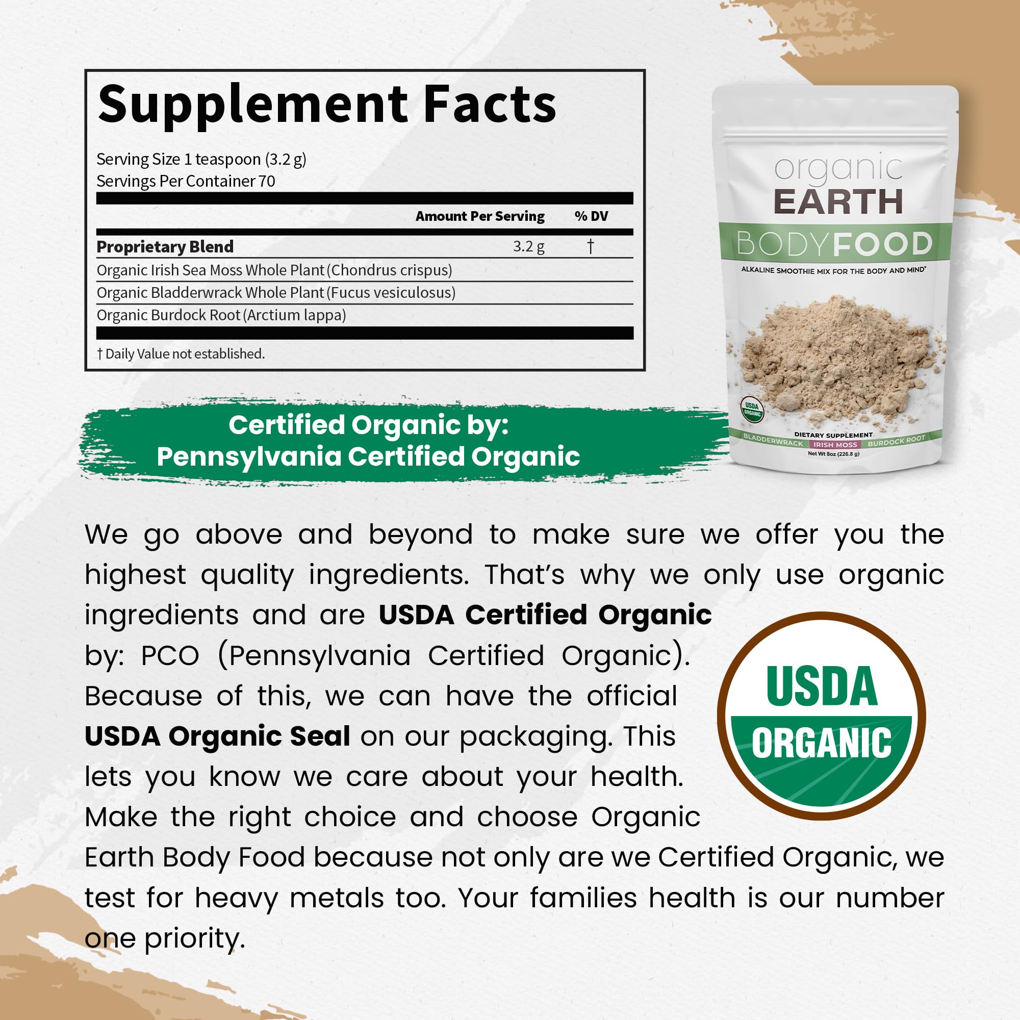 Organic Earth Sea Moss powder scoop beside the jar for easy portioning and mixing.