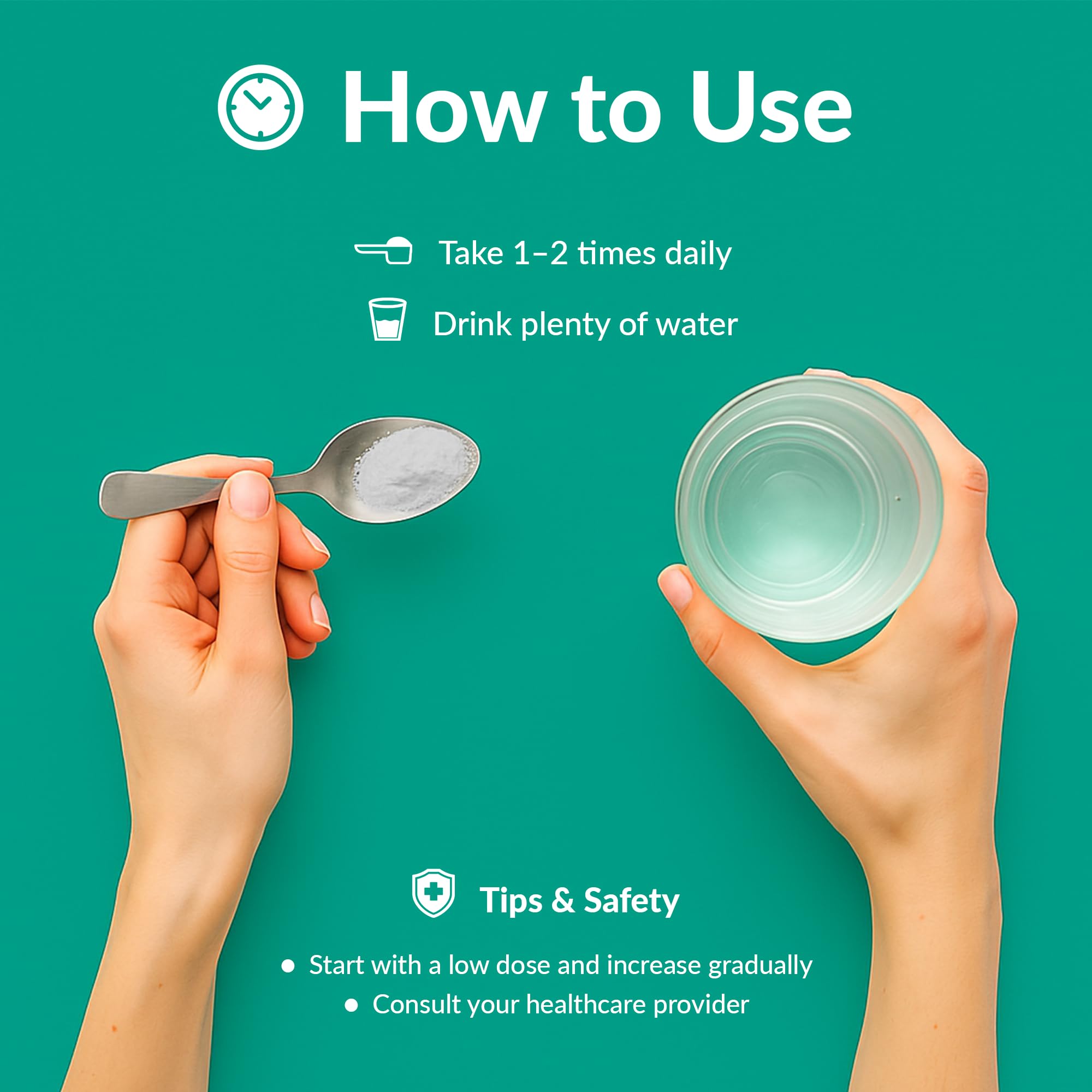 Measuring scoop with Organic Excellence Zeolite powder beside a glass for convenient daily use