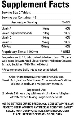 Organic Farms Vitamins Progesterone 5000 bottle label closeup emphasizing natural formula for hormonal balance.