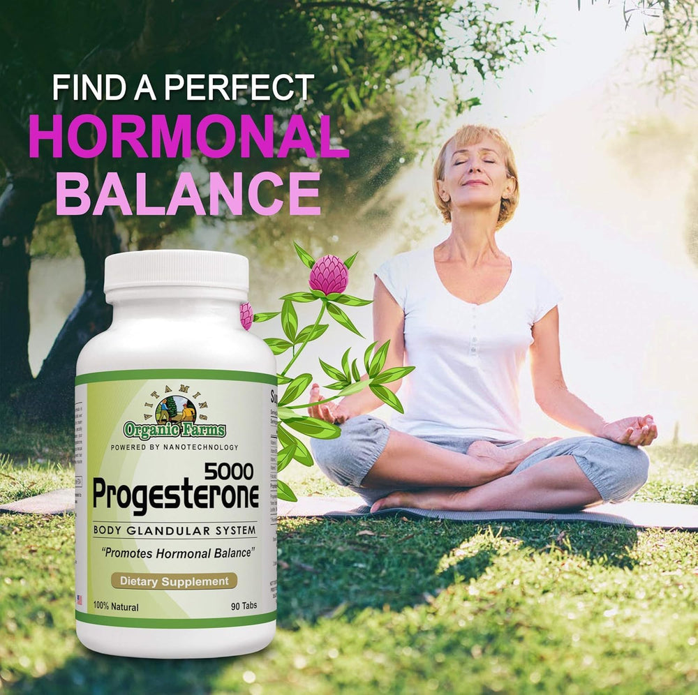 Organic Farms Vitamins Progesterone 5000 capsules closeup as a daily supplement option.