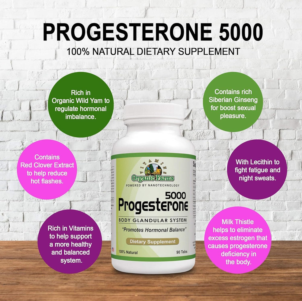 Organic Farms Vitamins Progesterone 5000 kit4 packaging shows four bottles for a complete routine.