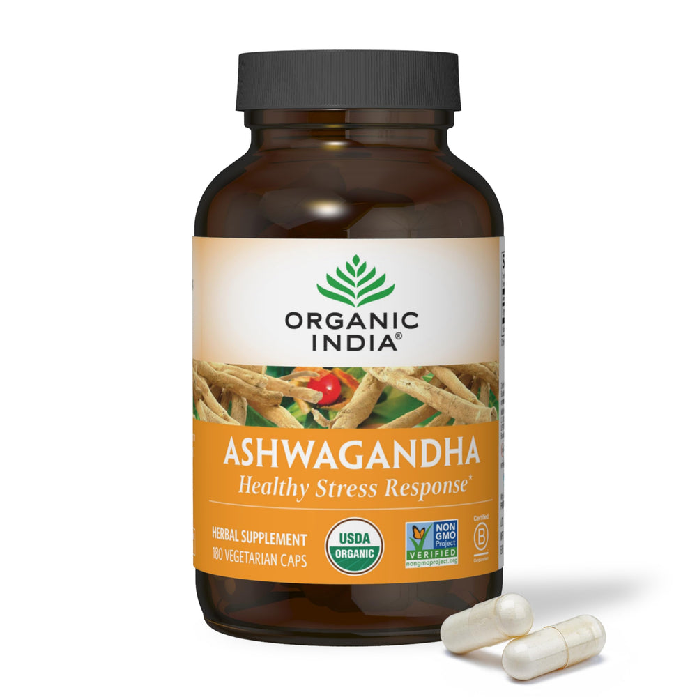 Organic India Ashwagandha capsules bottle front for stress support and calm energy