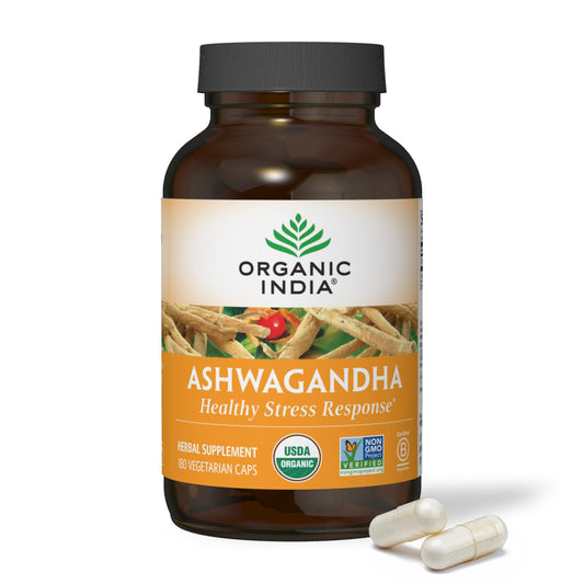 Organic India Ashwagandha capsules bottle front for stress support and calm energy