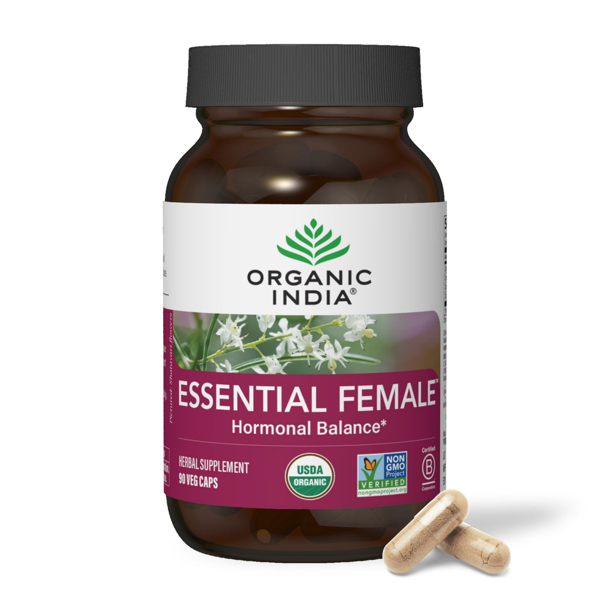 ORGANIC INDIA Essential Female bottle label highlights a herbal blend supporting hormonal balance.