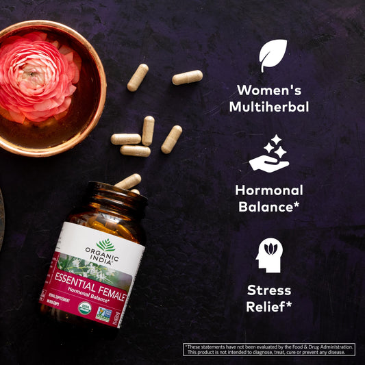 ORGANIC INDIA Essential Female capsules closeup shows easy daily use for vitality.