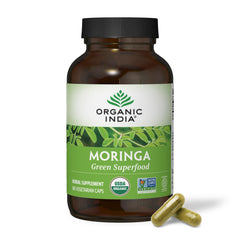 Organic India Moringa capsules bottle, convenient immune-supporting greens.