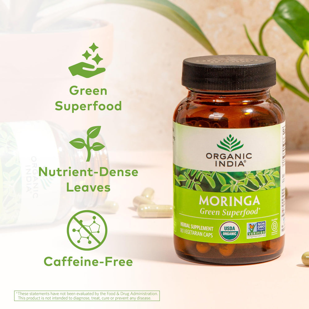 Organic India moringa leaf close-up, nutrient-dense greens and antioxidants.