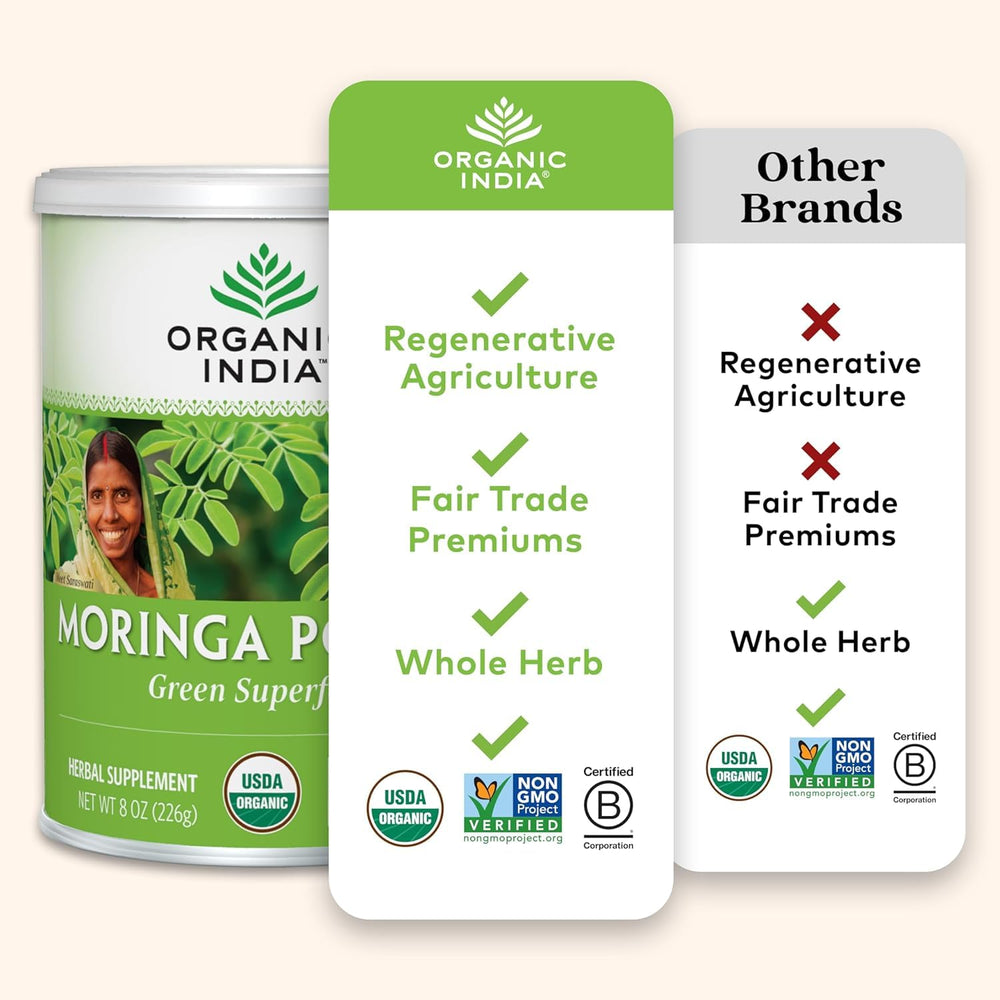 Organic India Moringa Powder in a glass with greens, adds vitamin-packed greens to drinks.