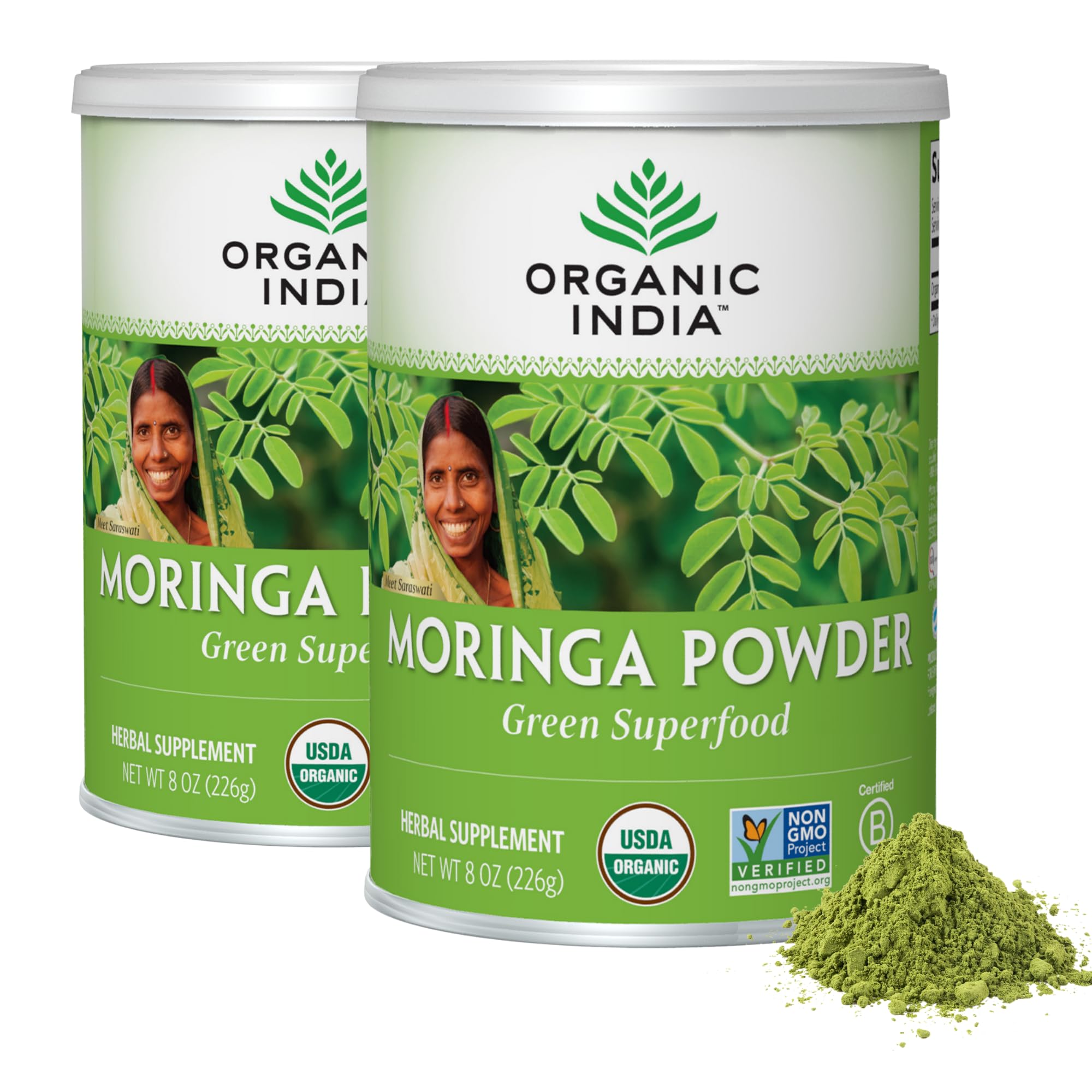 Organic India Moringa Powder jar, a convenient green superfood boost for daily wellness.