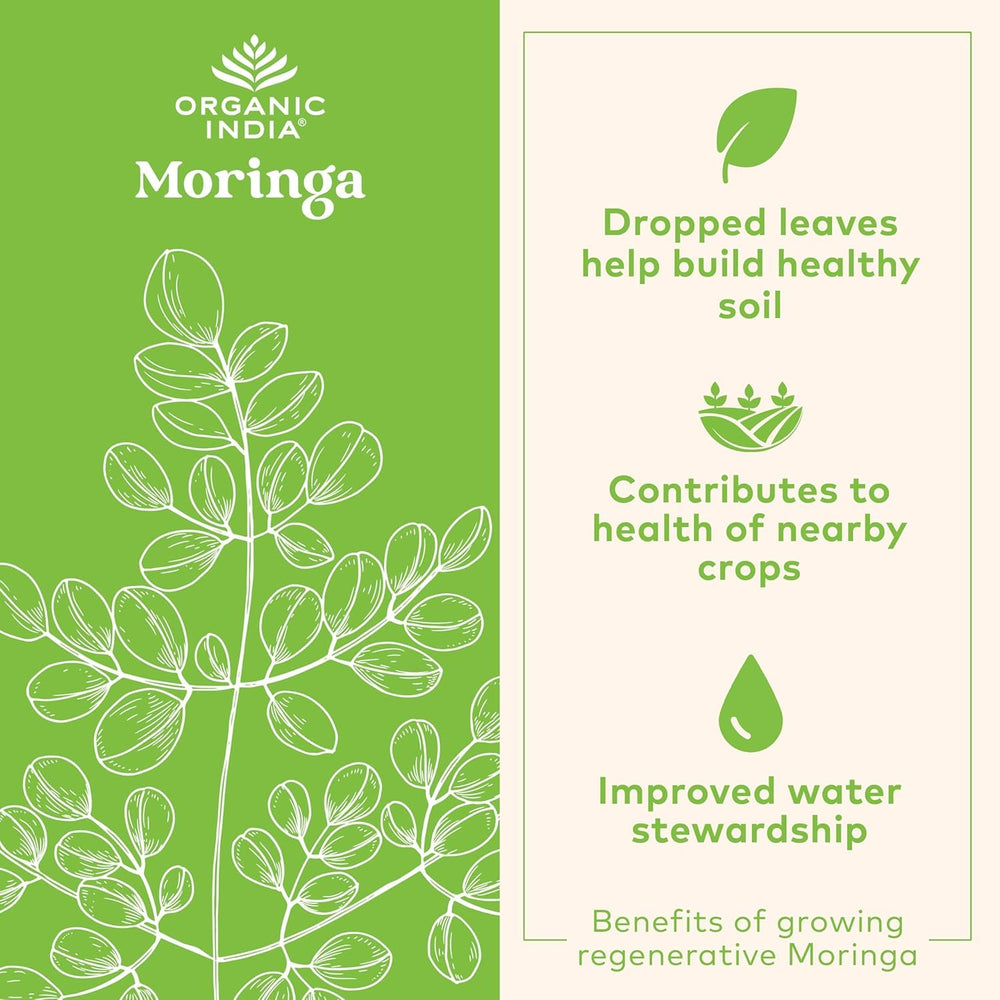 Organic India Moringa Powder packaging showing USDA Organic certification and rich nutrients.