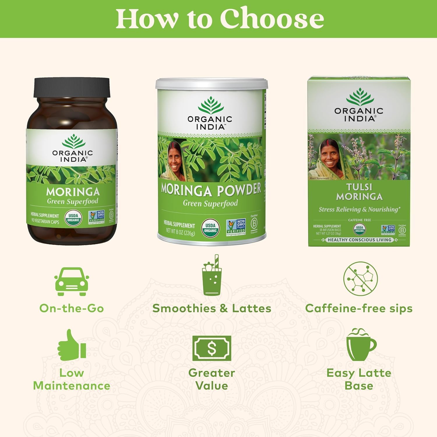 Organic India Moringa Powder in a smoothie for a vibrant greens boost.