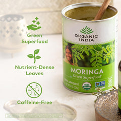 Organic India Moringa Powder texture close-up highlighting fine, nutrient-dense powder.