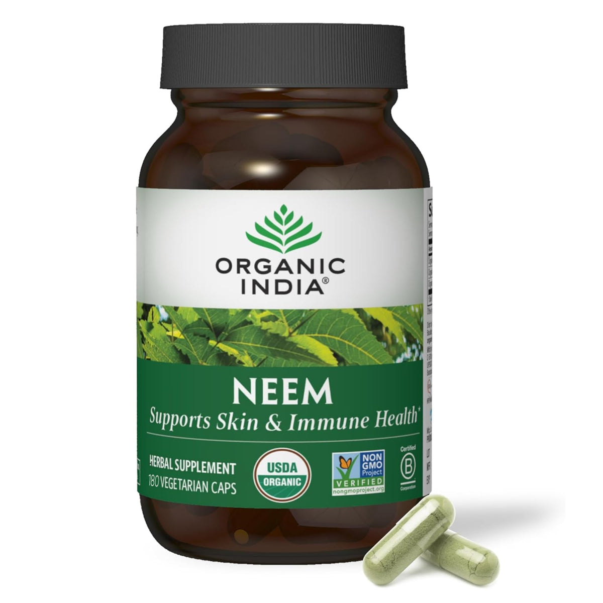 Organic India Neem Leaf Capsules bottle with a clean label for daily immune support.
