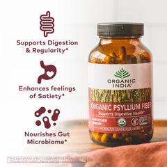 Organic India Psyllium Herbal Powder bottle label closeup highlights organic, non-GMO fiber