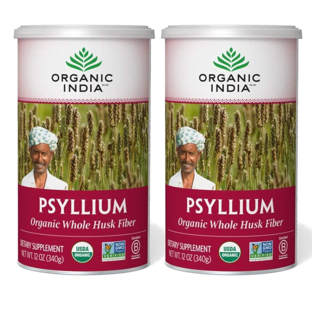 Organic India Psyllium Husk Powder bottle offering easy daily fiber support.