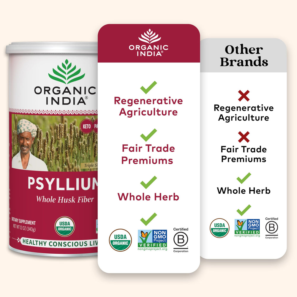 Close-up of Organic India Psyllium Husk Powder label with vegan and non-GMO attributes.