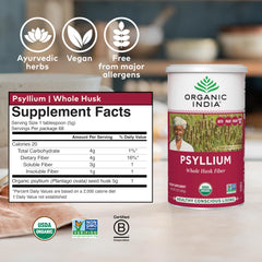 Packaging for Organic India Psyllium Husk Powder highlighting two bottles for value.