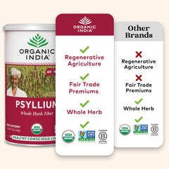 Organic India Psyllium powder close-up reveals fine texture ideal for mixing