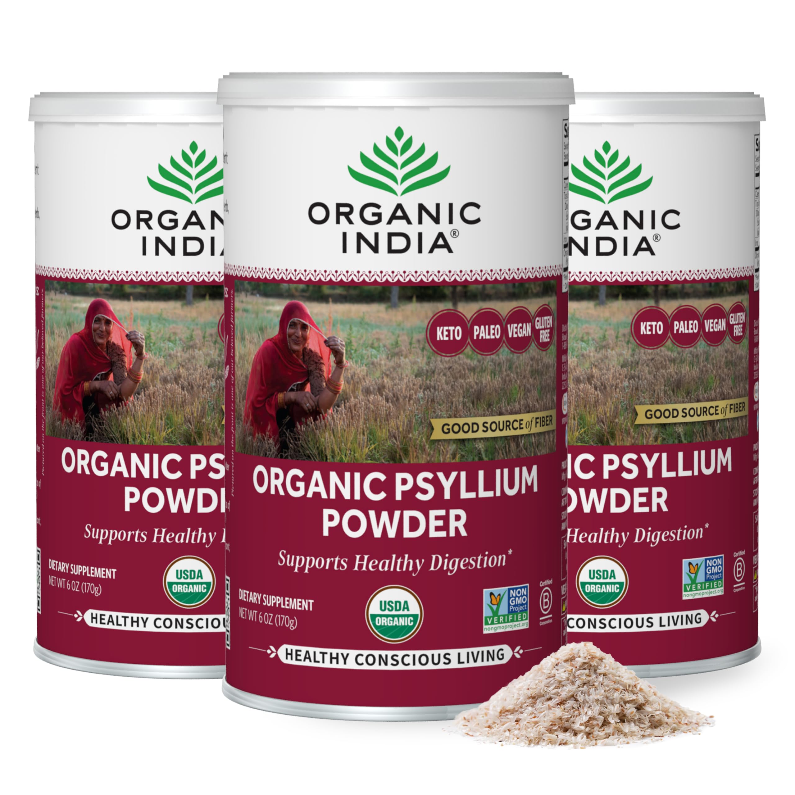ORGANIC INDIA Psyllium Powder bottle shows fine-grain fiber for daily digestion support.