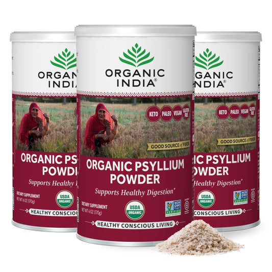 ORGANIC INDIA Psyllium Powder bottle shows fine-grain fiber for daily digestion support.