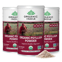 ORGANIC INDIA Psyllium Powder bottle shows fine-grain fiber for daily digestion support.