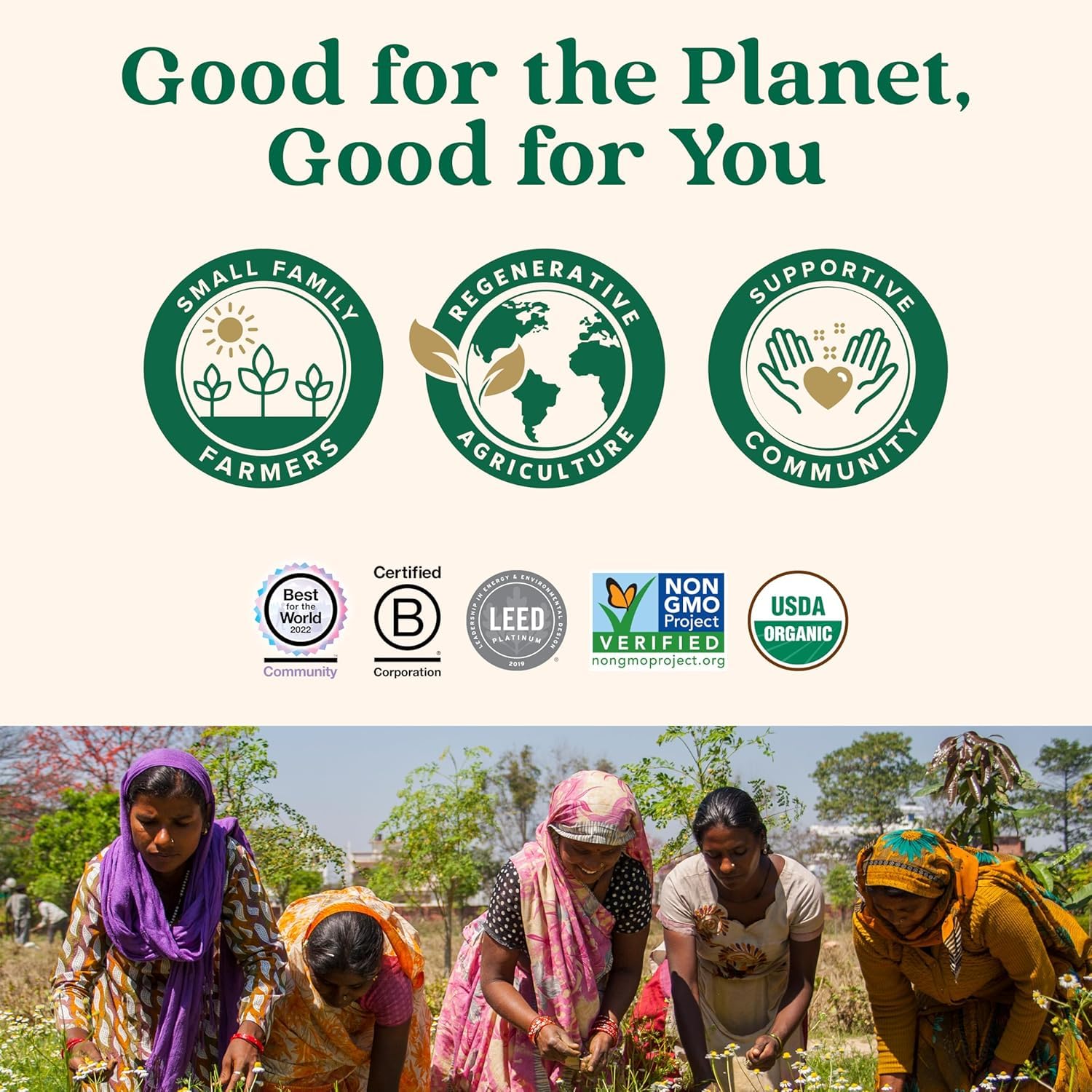 Front label of the ORGANIC INDIA package highlighting vegan, gluten-free, non-GMO attributes.