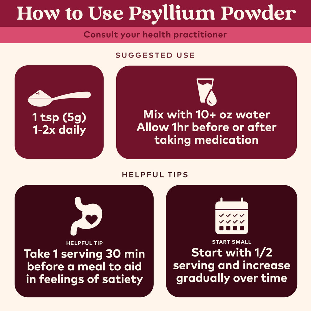 Psyllium powder scoop resting on bottle, illustrating easy mixing for smoothies.