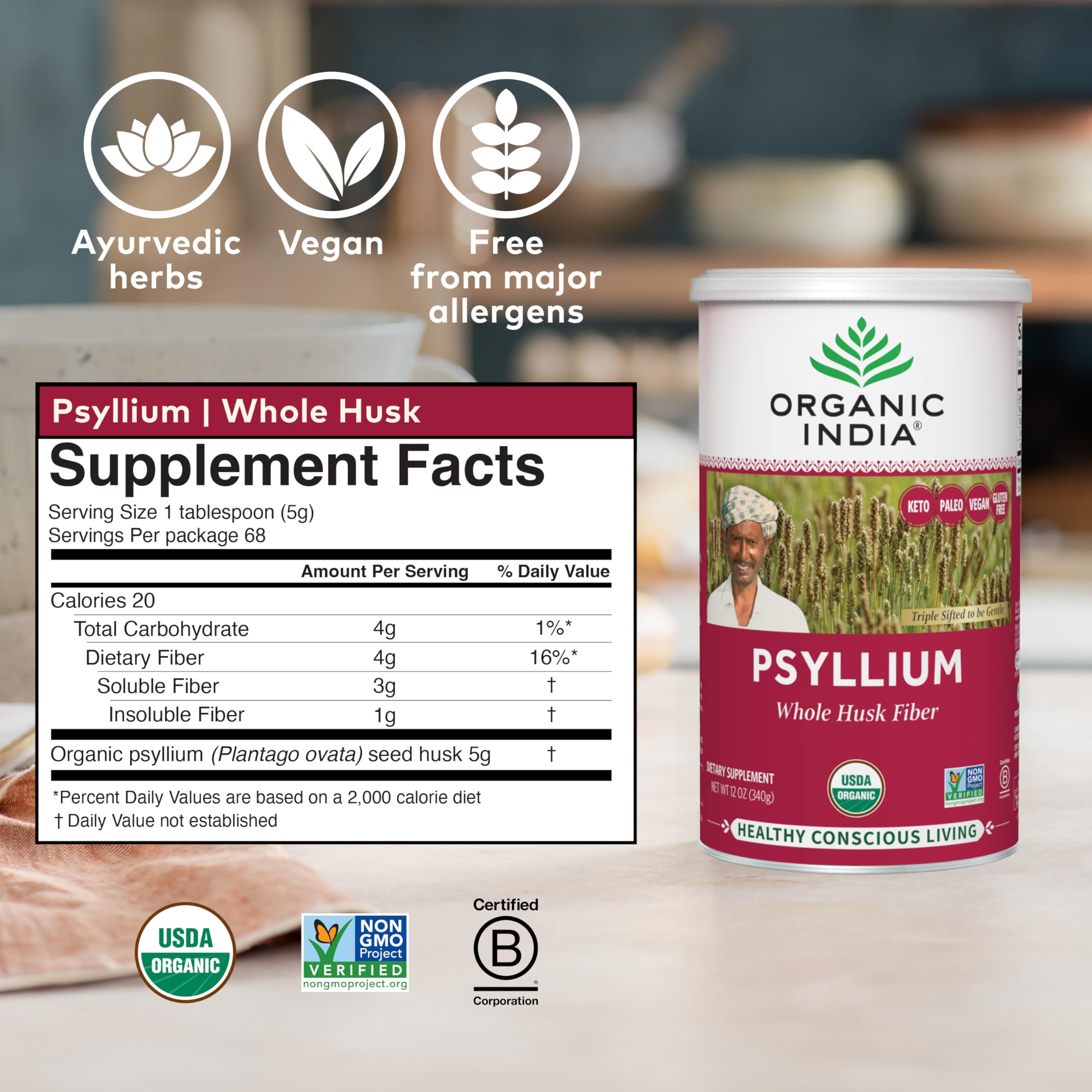 Organic India Psyllium powder, vegan and gluten-free, supports keto-friendly fiber intake