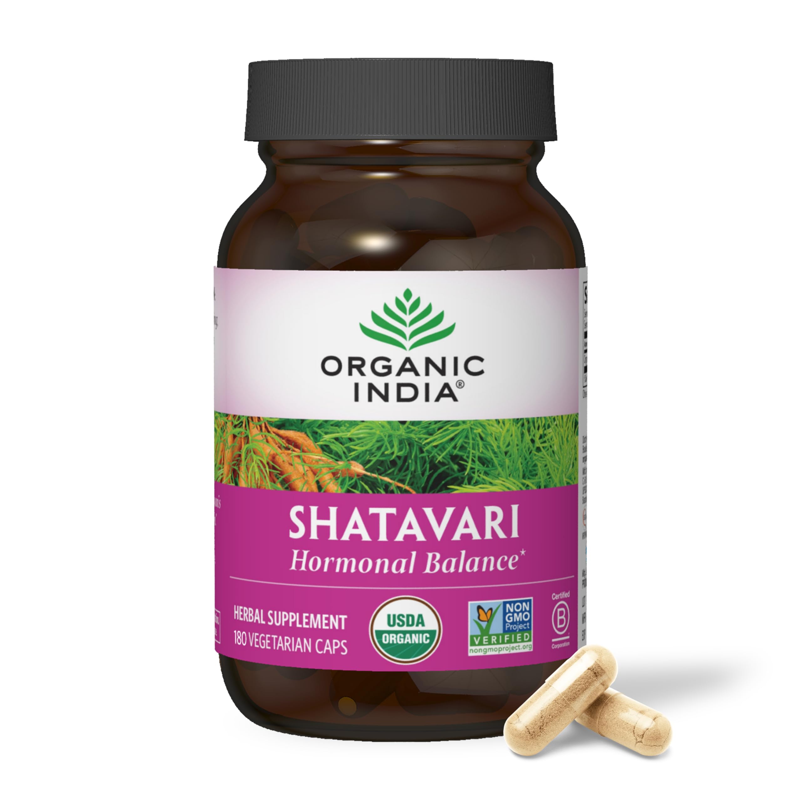 Organic India Shatavari capsules bottle shown for hormonal balance support