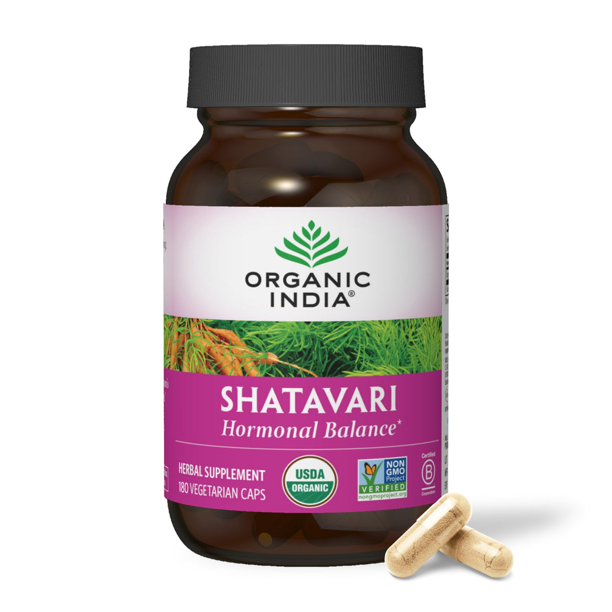 Organic India Shatavari capsules bottle shown for hormonal balance support