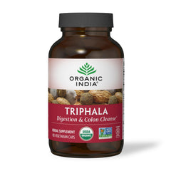 Organic India Triphala bottle shown for gentle digestion support.