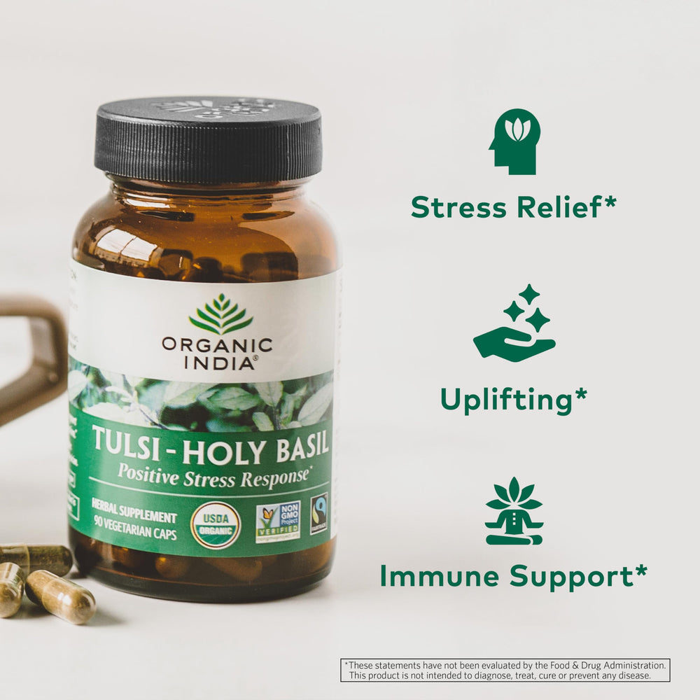 Organic India Tulsi bottle on kitchen counter for easy daily access