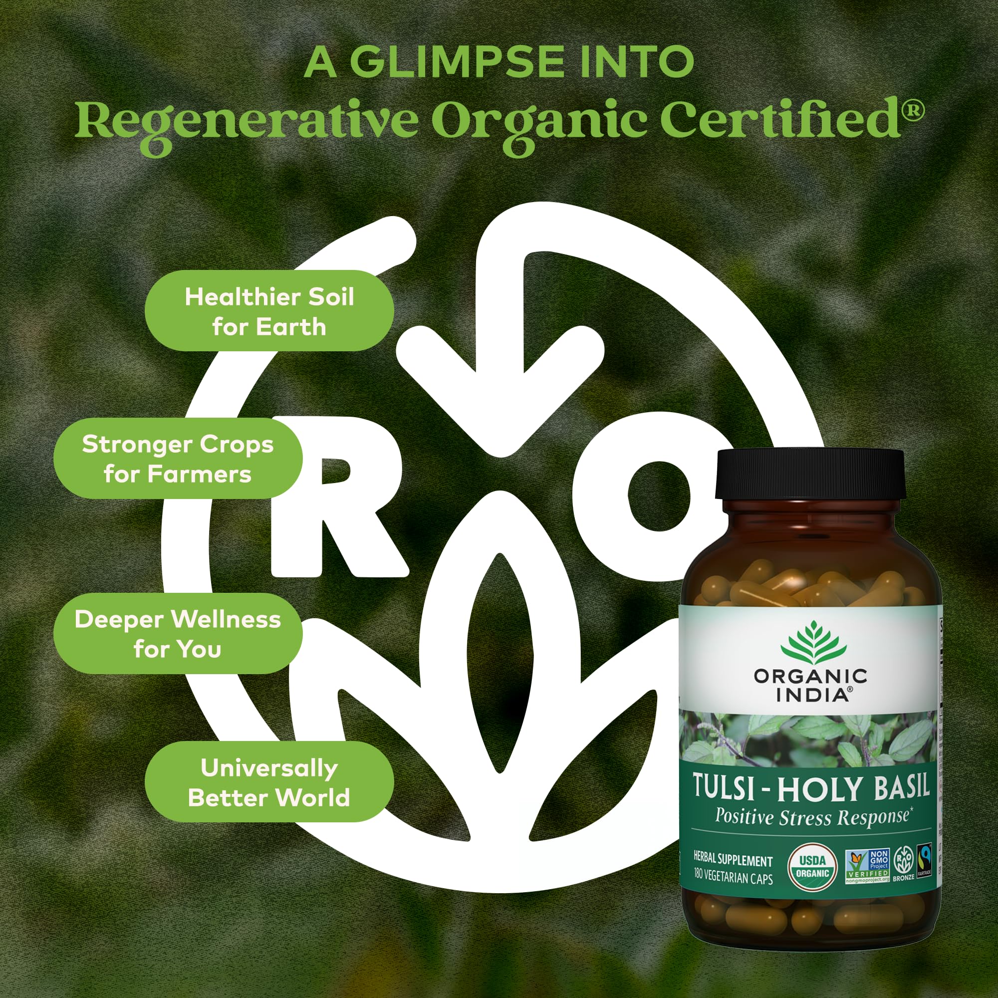 Organic India Tulsi packaging label highlights organic, vegan, gluten-free attributes