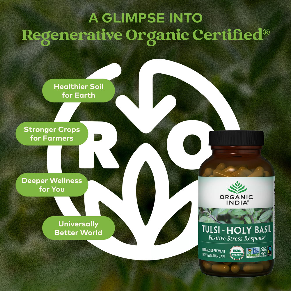 Organic India Tulsi packaging label highlights organic, vegan, gluten-free attributes