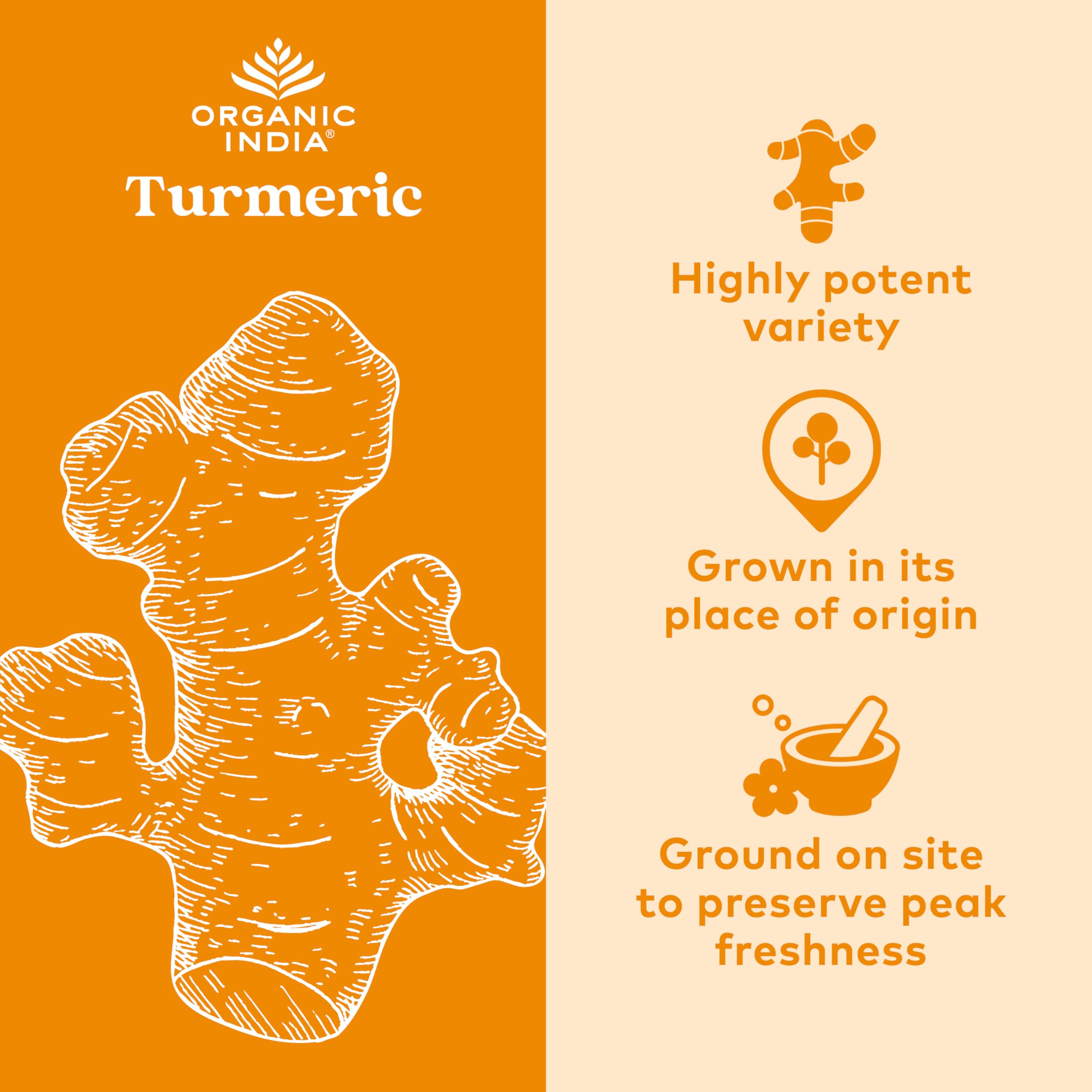 Organic India Turmeric Curcumin bottle back lists ingredients and sourcing details