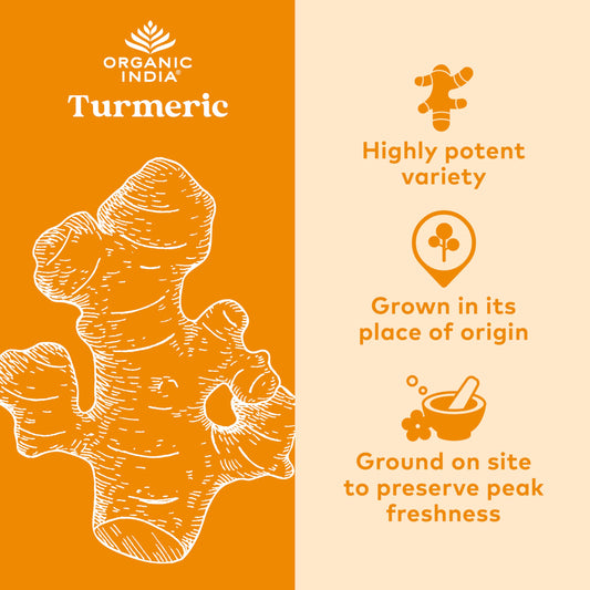 Organic India Turmeric Curcumin bottle back lists ingredients and sourcing details
