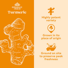 Organic India Turmeric Curcumin bottle back lists ingredients and sourcing details