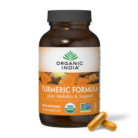 Organic India Turmeric Curcumin bottle front shows organic certification and joint mobility potential