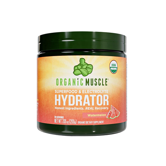 Organic Muscle Hydrator watermelon powder in a shaker for refreshed hydration after workouts.