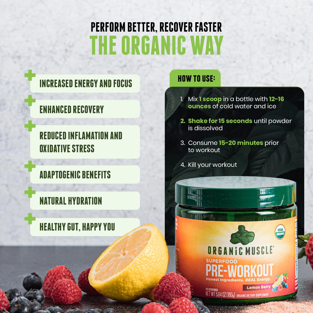 Scoop of Organic Muscle Lemon Berry pre-workout showing precise serving