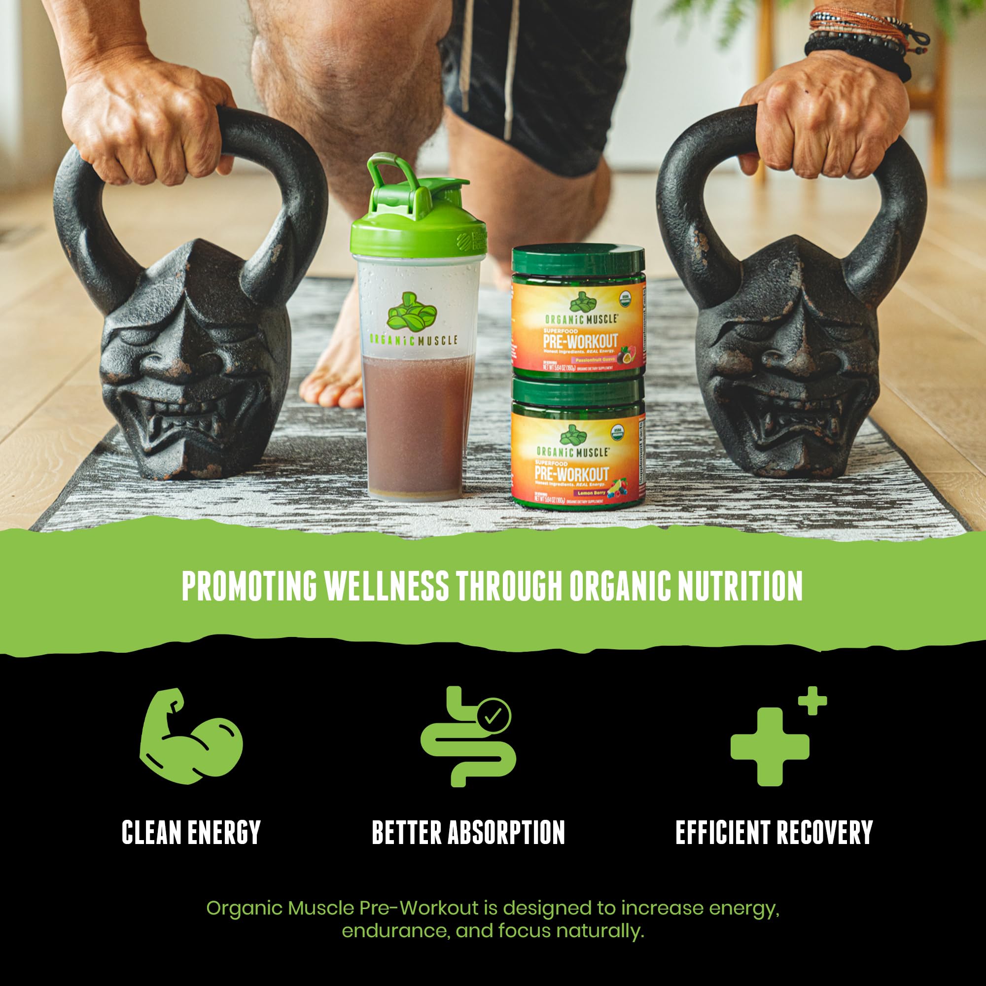 Organic Muscle low caffeine formula for smooth energy during workouts