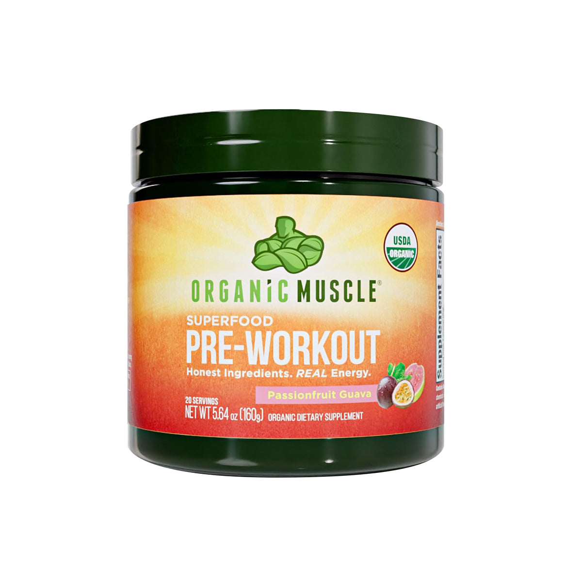 Organic Muscle preworkout tub with passionfruit guava for clean energy.
