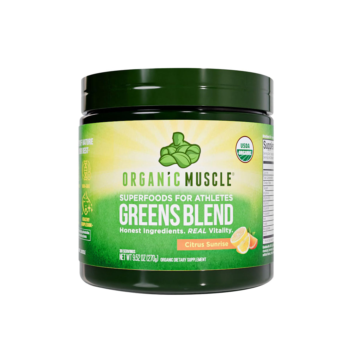 Organic Muscle Super Greens bottle on a clean countertop