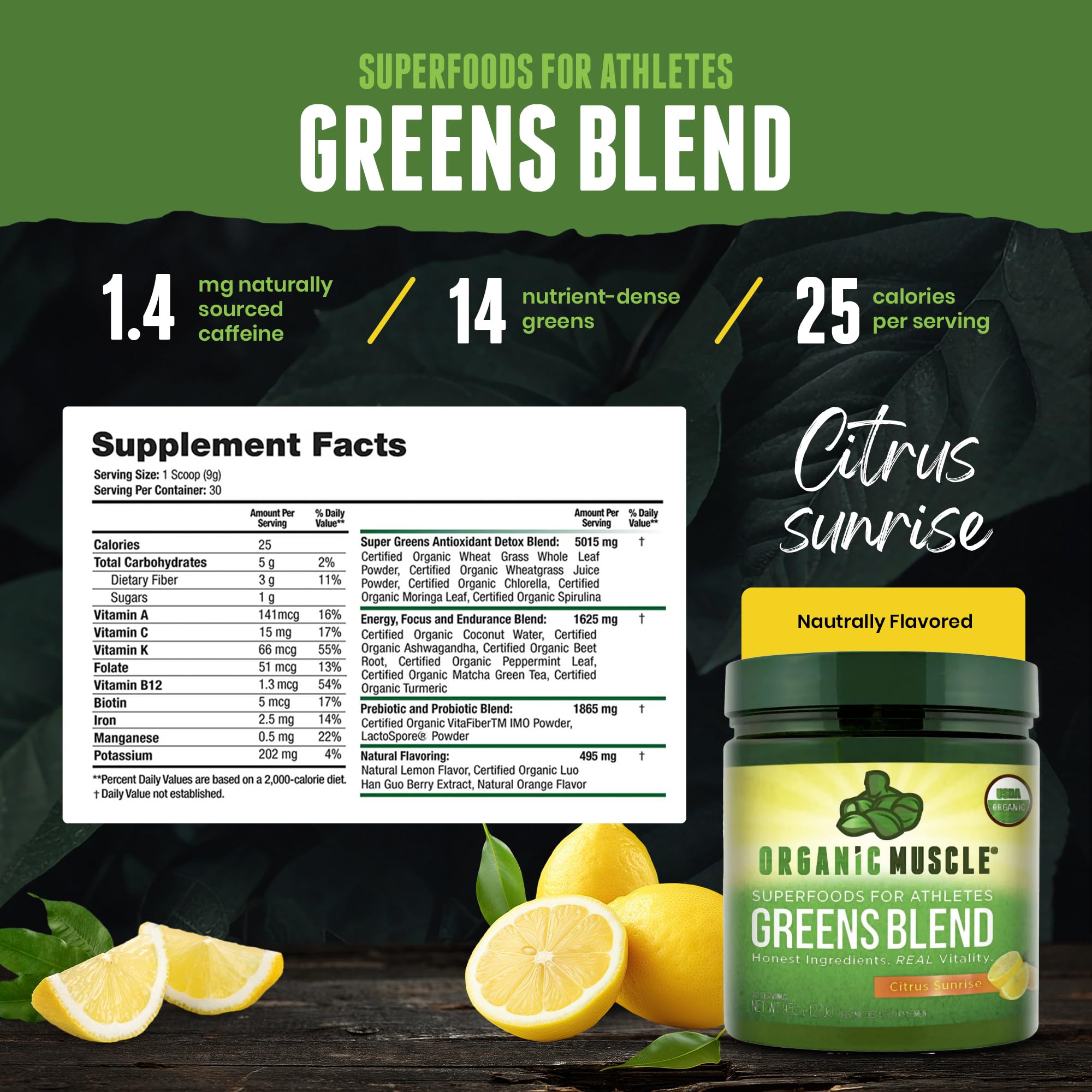 Front packaging of Organic Muscle Super Greens featuring Non-GMO label