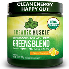 Organic Muscle Super Greens product card highlights Non-GMO and 30 servings