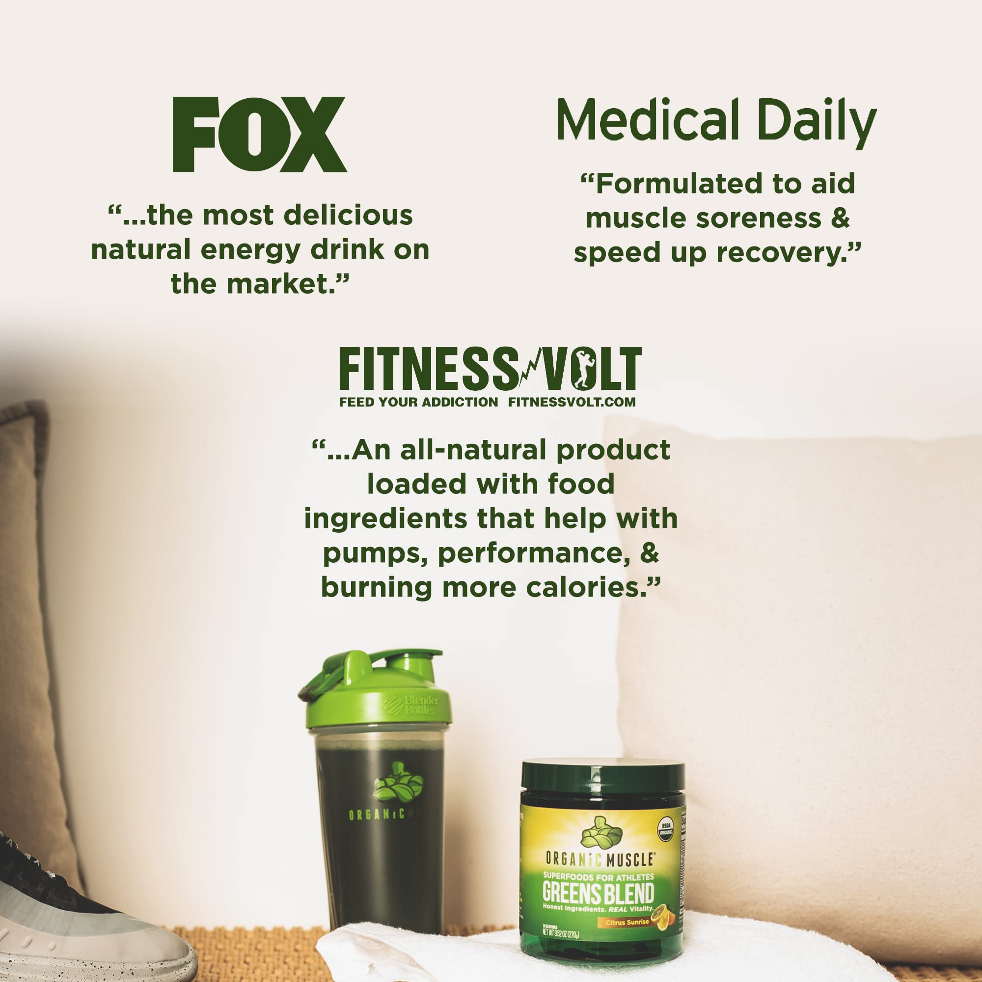 Measuring scoop beside Organic Muscle Super Greens glass for daily nutrition