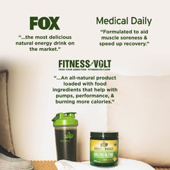 Measuring scoop beside Organic Muscle Super Greens glass for daily nutrition